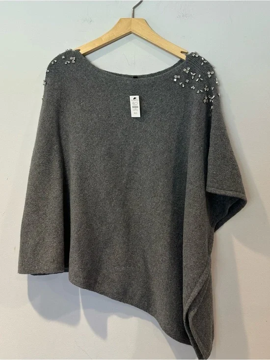 Talbots Women's Cotton Blend Soft Stone Embellished Poncho Gray Sweater - Picture 1 of 6